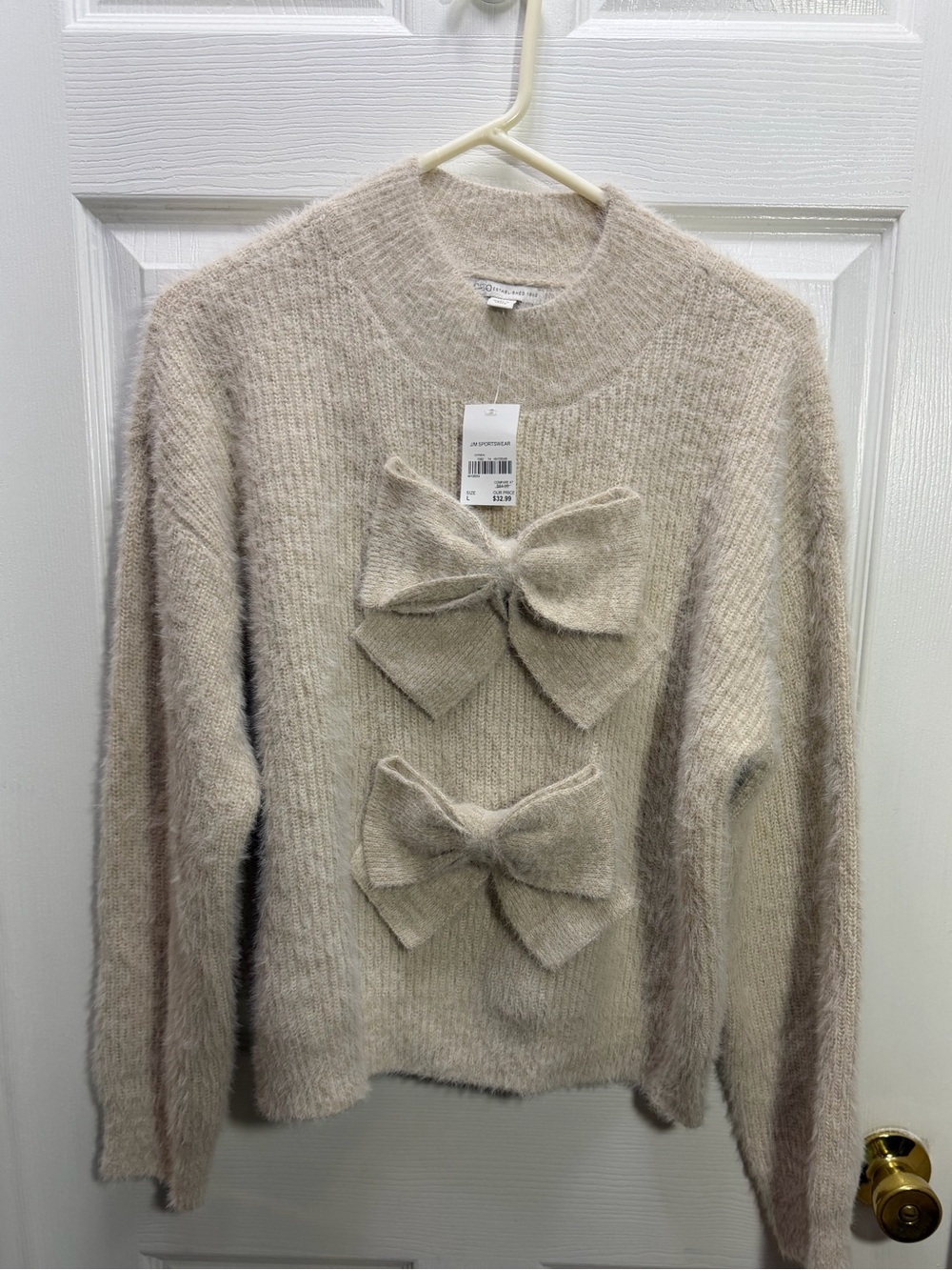 Cato Cream Fuzzy Crewneck Sweater with Front Bows